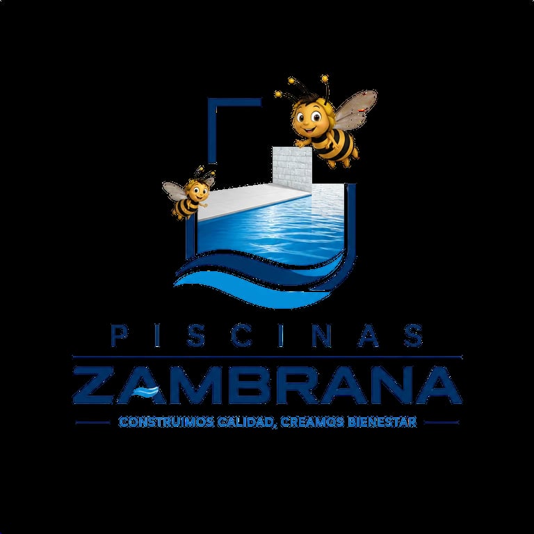 Piscinas Zambrana logo featuring cartoon bees, water waves, and pool design with Spanish tagline